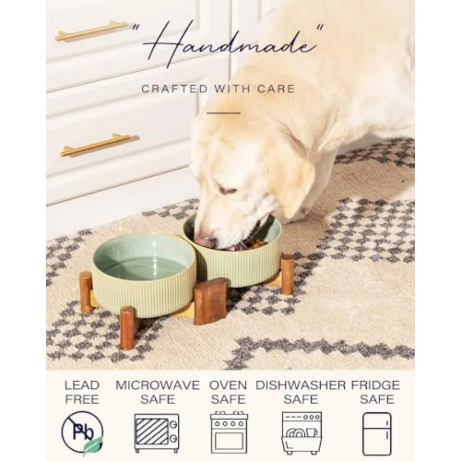Ceramic Dog Bowl Set with Acacia Wood Stand | Set of 2 | Vintage Colors | Medium Dogs