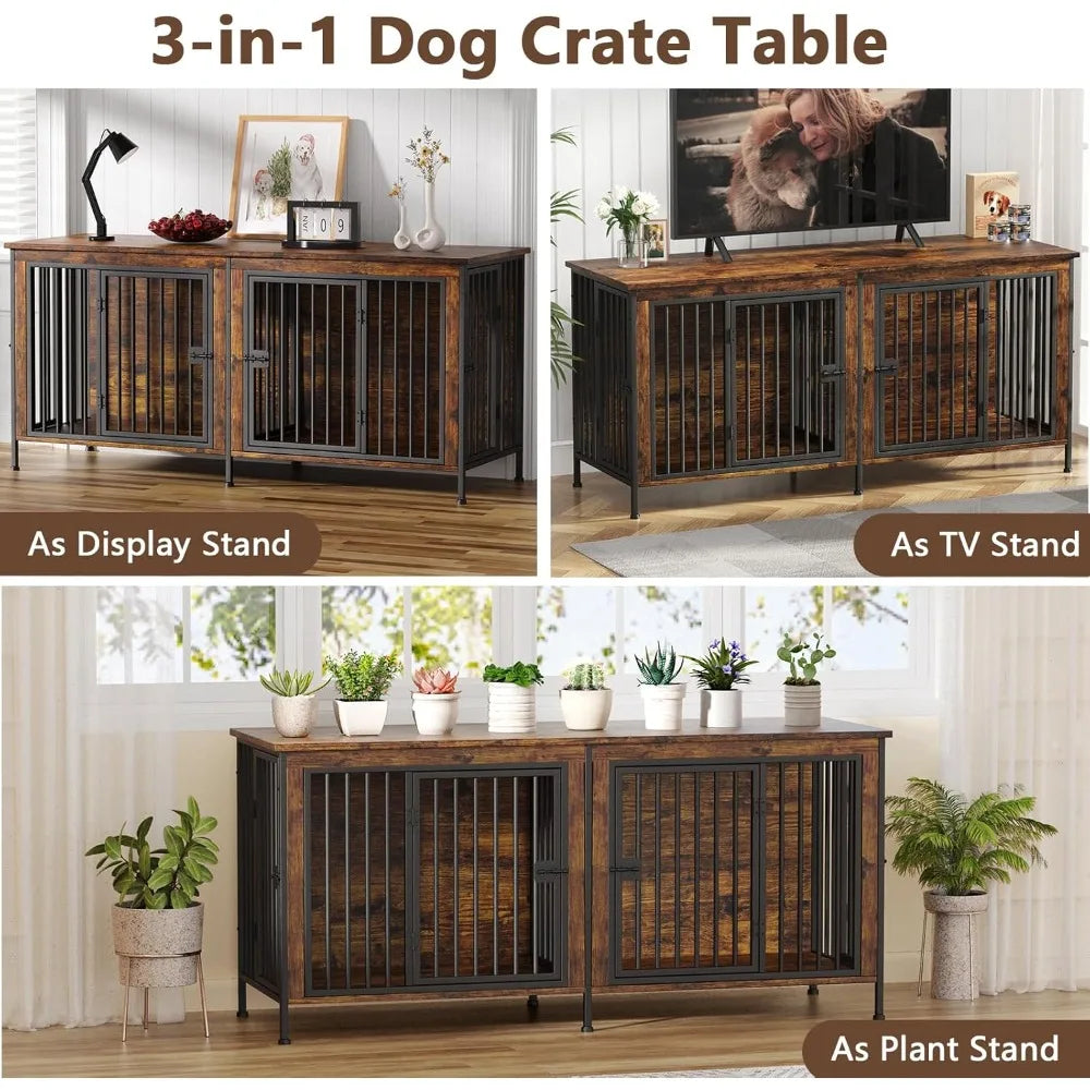 Heavy Duty Dog Crate Furniture — Double Kennel for Large Dogs, 78" Wide
