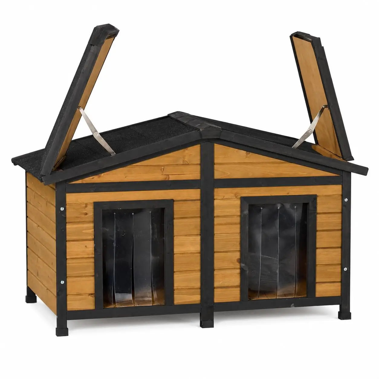 47" Outdoor Wooden Dog House — Double Door with Clear Flaps, Openable Roof & Raised Floor