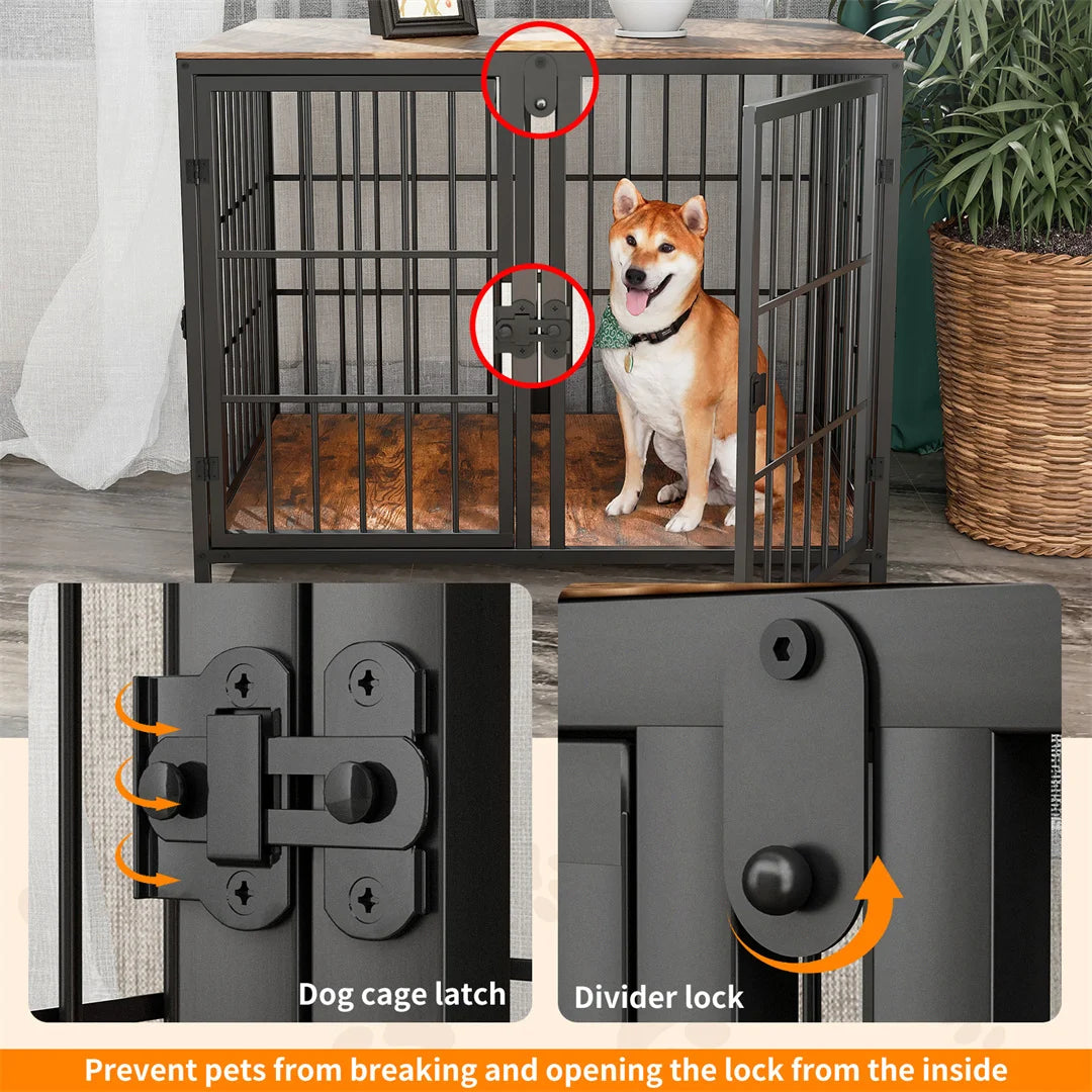 Furniture-Style Wooden Dog Crate | Side Table | 4 Doors | Holds 110lbs | Black & Dark Walnut