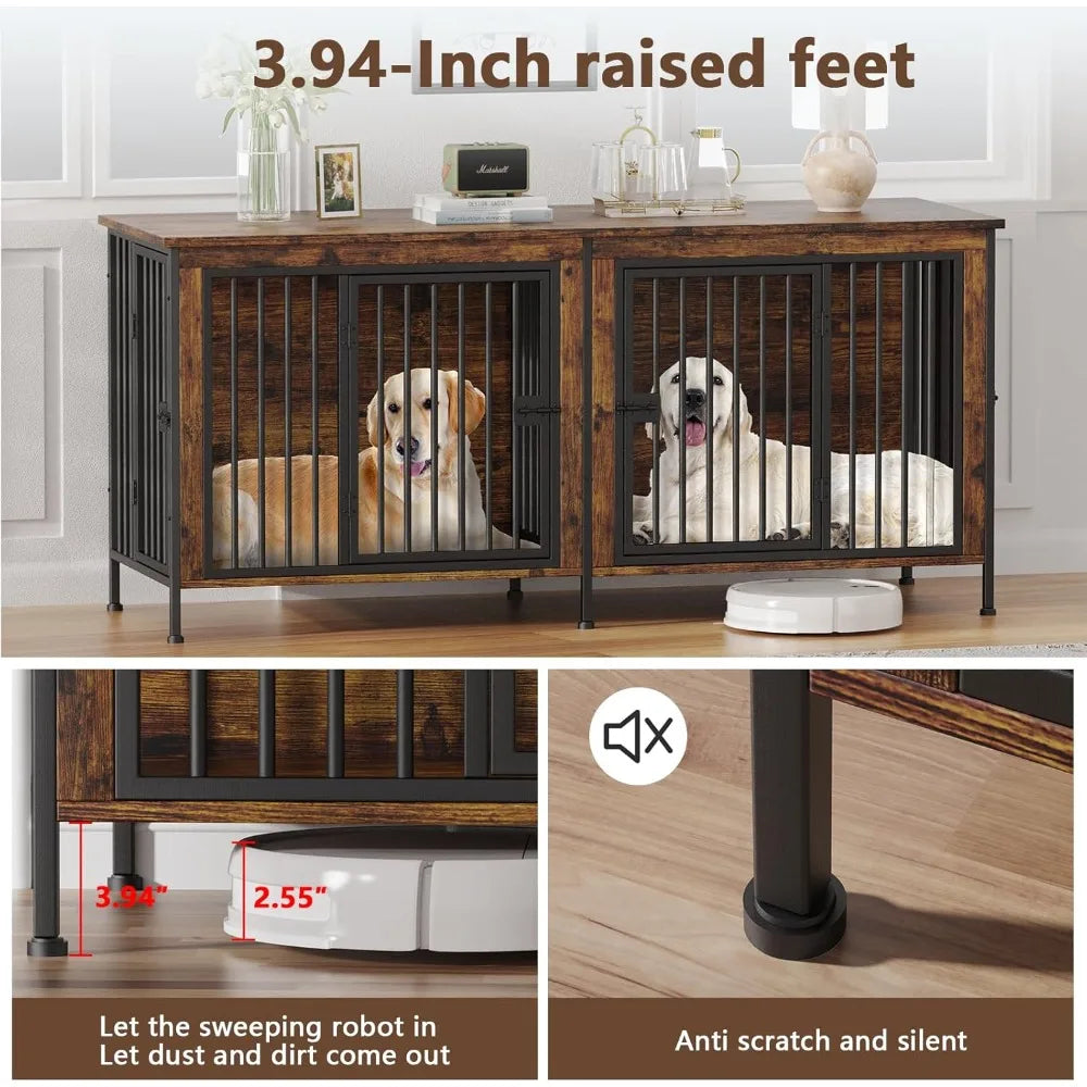 Heavy Duty Dog Crate Furniture — Double Kennel for Large Dogs, 78" Wide