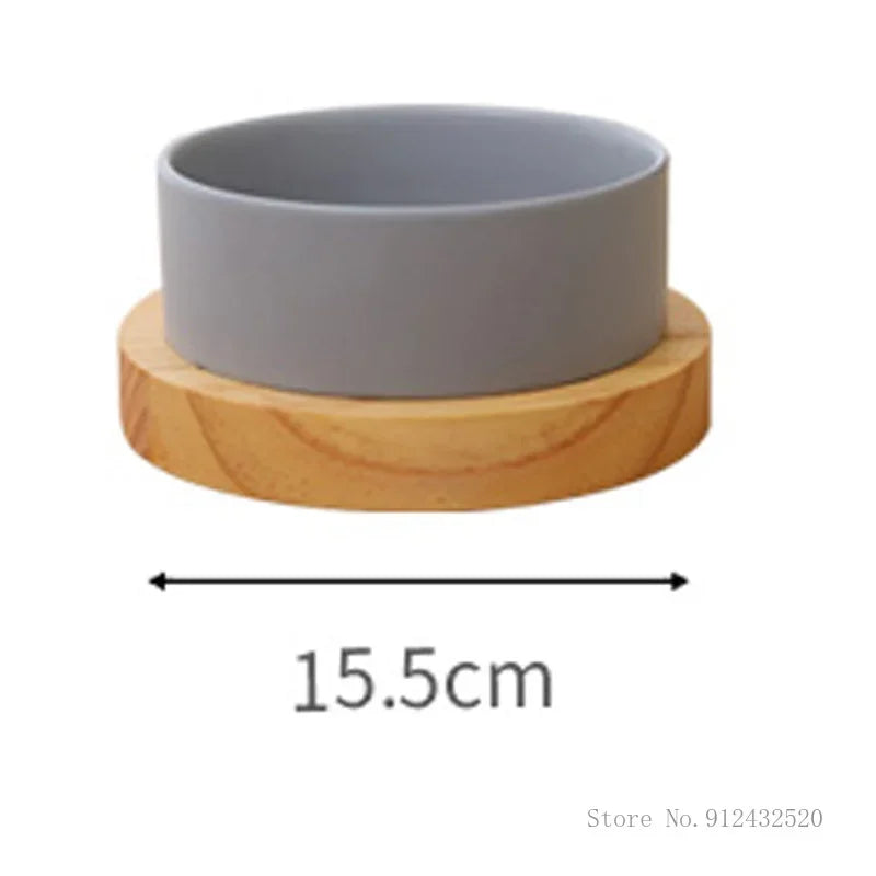 Ceramic Dog Bowl with Wooden Stand | Anti-Tip | Neck Protection | Stylish Pet Feeder
