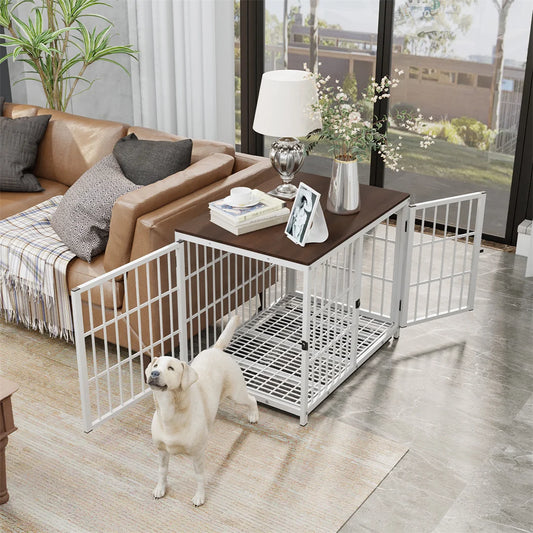 Furniture Style Dog Crate — End Table with 3 Doors & Removable Tray | Black or White