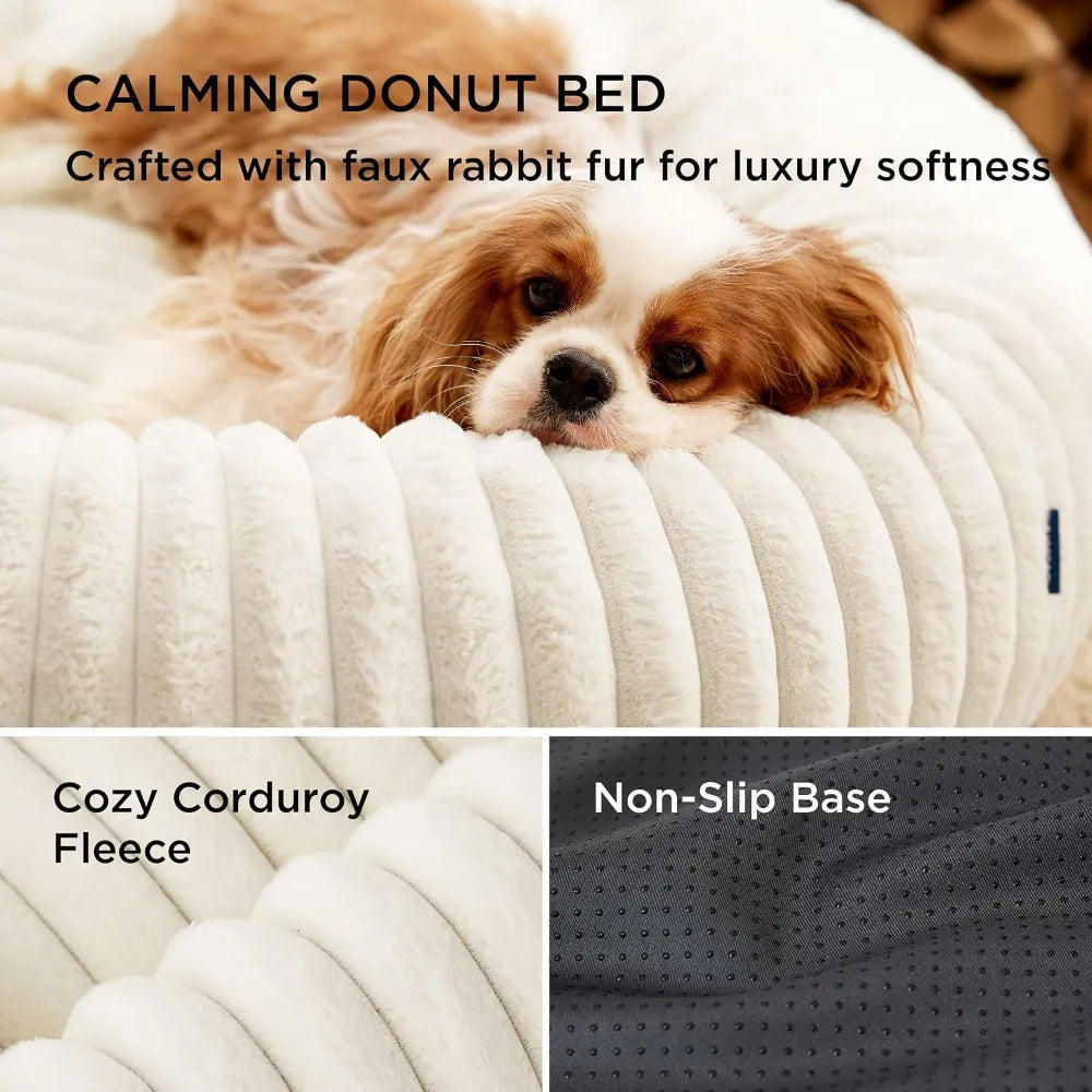 Donut Dog Bed | Faux Fur & Corduroy Fleece | Removable Cover | Anti-Slip | 30x30x8" Cream