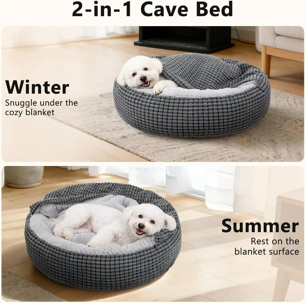 Cozy Donut Cuddler Hooded Pet Bed with Attached Blanket, Anti-Anxiety Orthopedic Round Bed for Small Dogs & Cats, Washable, Non-Slip Bottom, 23in