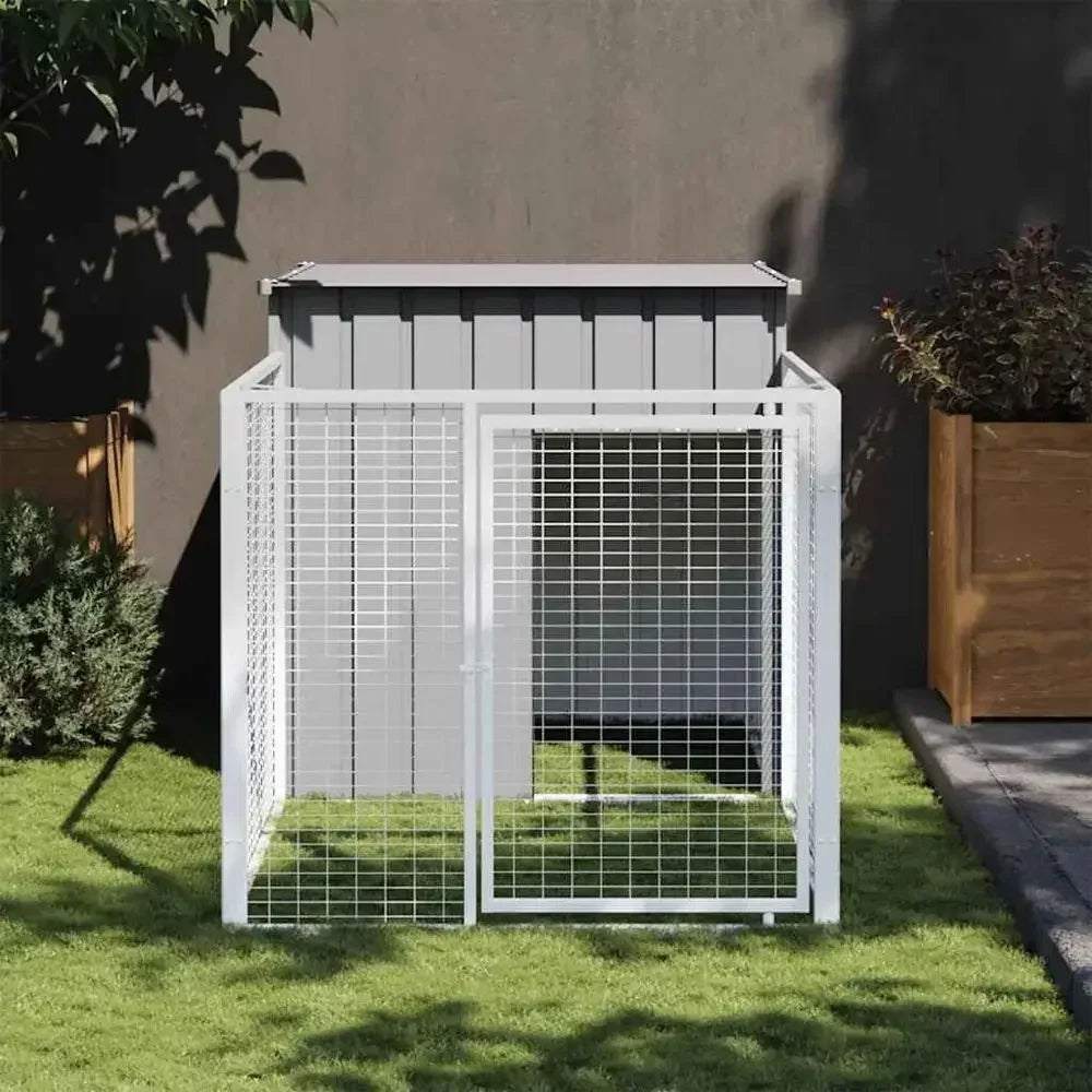 Galvanized Steel Dog Kennel with Run | Outdoor Shelter | Gray