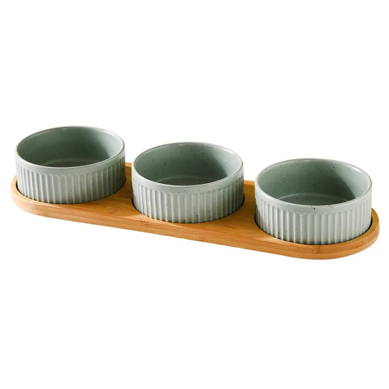 Nordic Ceramic Dog Bowl Set | Single, Double & Triple | Wooden Tray | 3 Colors | 400ml & 850ml