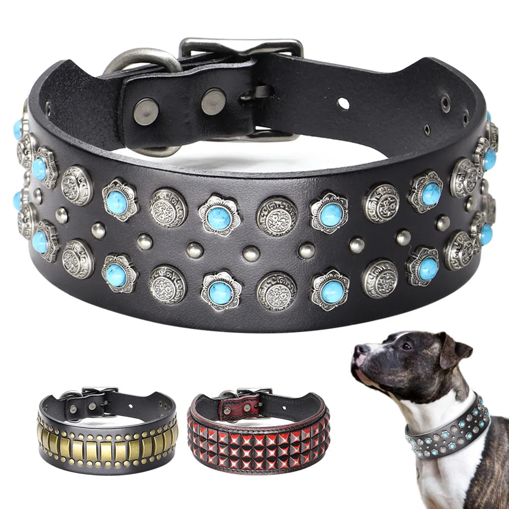 Wide Diamond Spike Leather Dog Collar | 2" Luxury Design | Heavy Duty | Medium to Large Dogs & Pitbulls