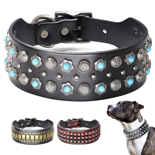 Wide Diamond Spike Leather Dog Collar | 2" Luxury Design | Heavy Duty | Medium to Large Dogs & Pitbulls