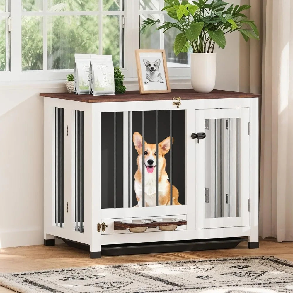 Dog Crate Wooden Dog Kennel Furniture with 360° Rotating Feeder & Removable | Multi-Functional End Table for Medium，Customized