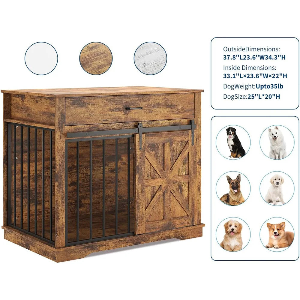 Farmhouse Dog Crate End Table — 37.8" with Sliding Barn Doors & Drawer | Grey, Brown, White