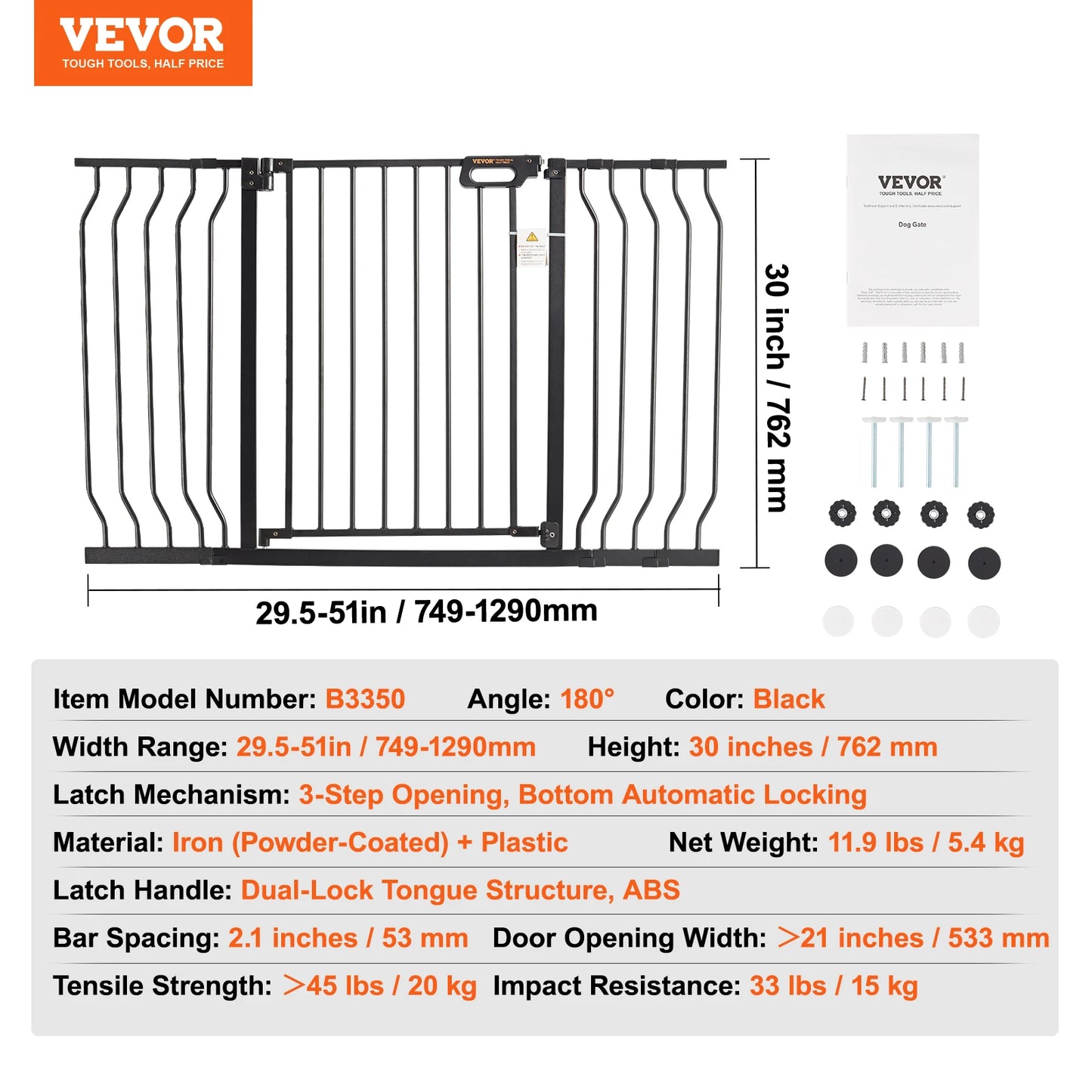 Dog Gate 30" High — Pressure Mount, Auto-Close, One-Hand Operation | White | Walk-Thru