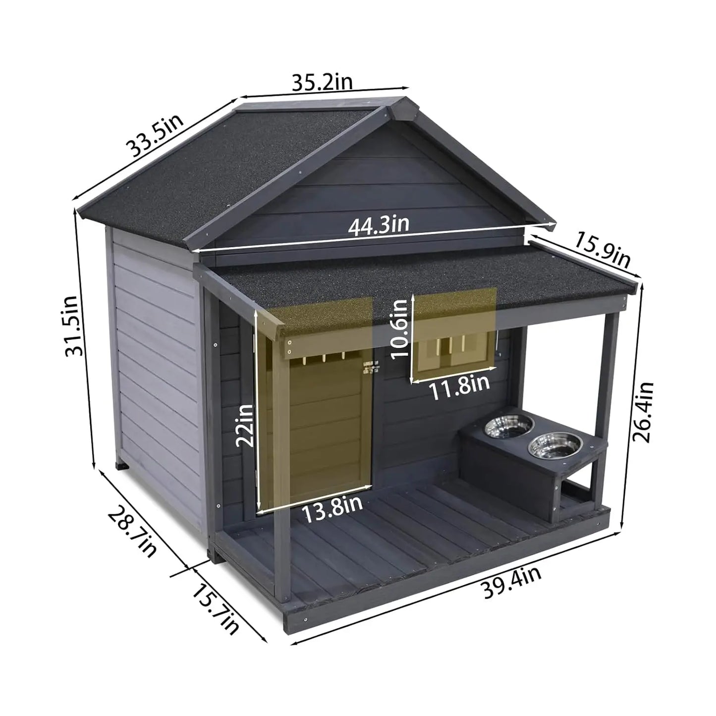 Large Outdoor Dog House with Covered Terrace — 44" Weatherproof Wood & Asphalt Roof
