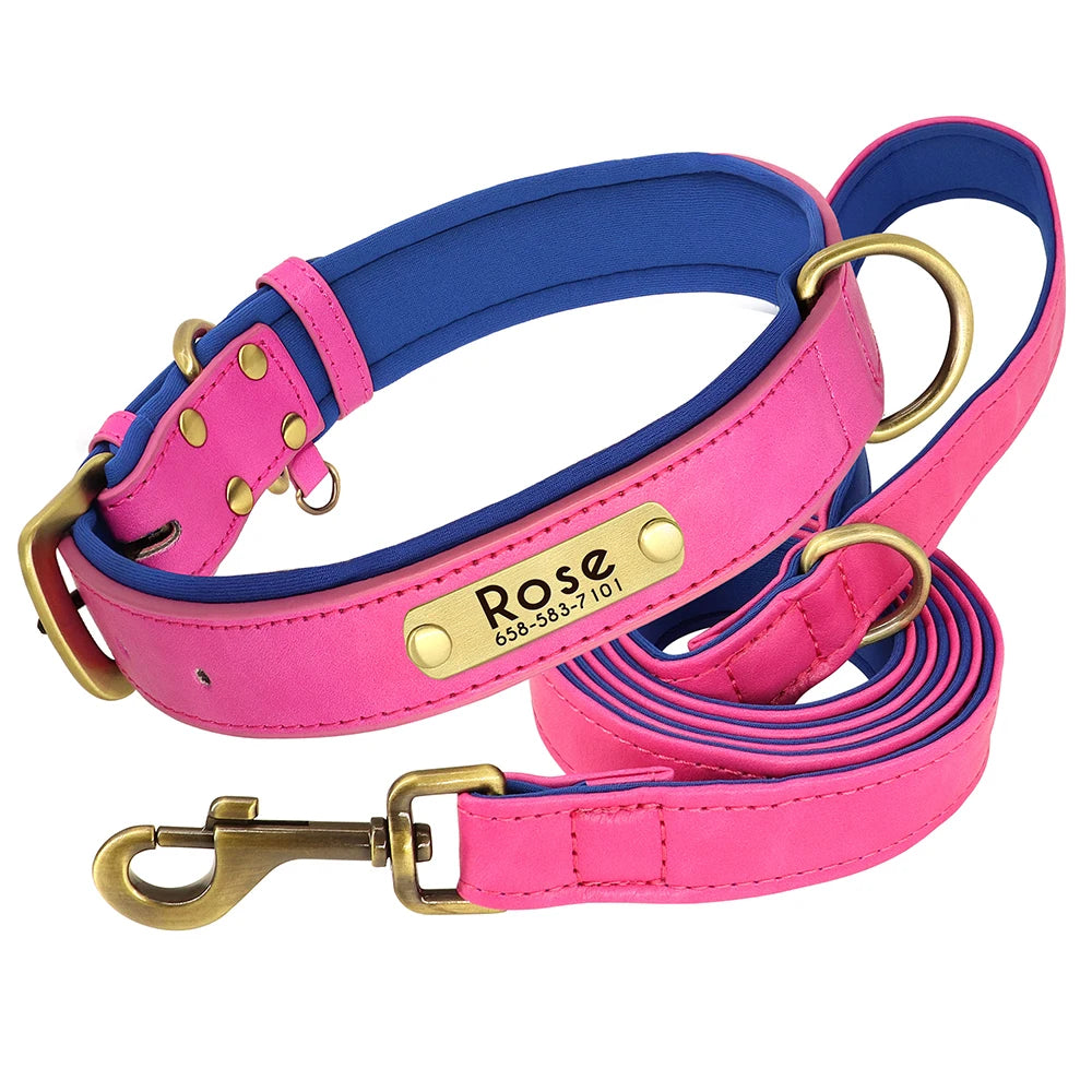 Personalized PU Leather Dog Collar & Leash Set — Soft Padded, Free Engraved Nameplate | XS–XL