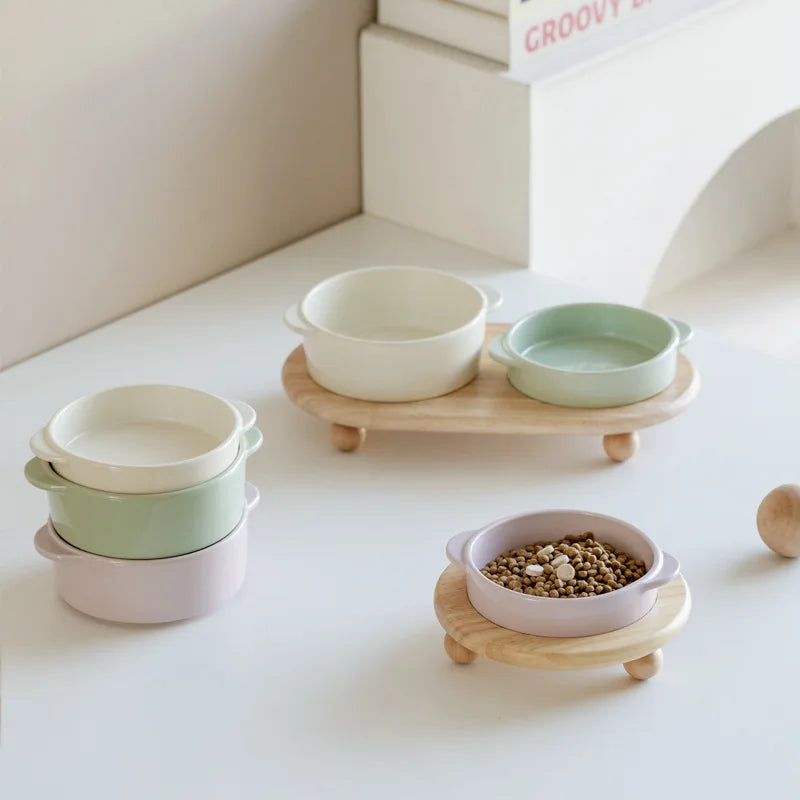 Height-Adjustable Ceramic Dog Bowl | Wooden Stand | Single & Double | 3 Colors | 350ml & 700ml
