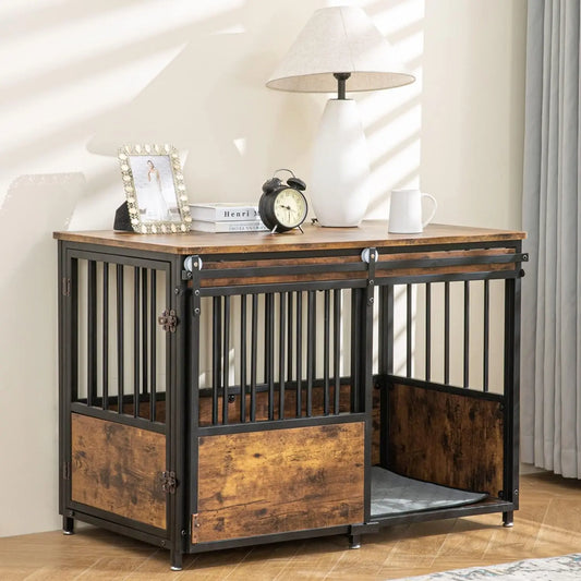 40" Wooden Dog Crate Furniture with Cushion — Heavy Duty Double Door Kennel