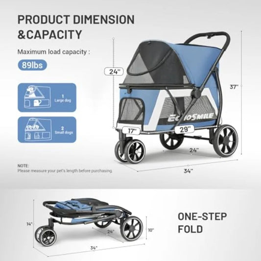 EchoSmile 3-Wheel Dog Stroller | Foldable, All-Terrain | Brakes | Small & Medium Dogs