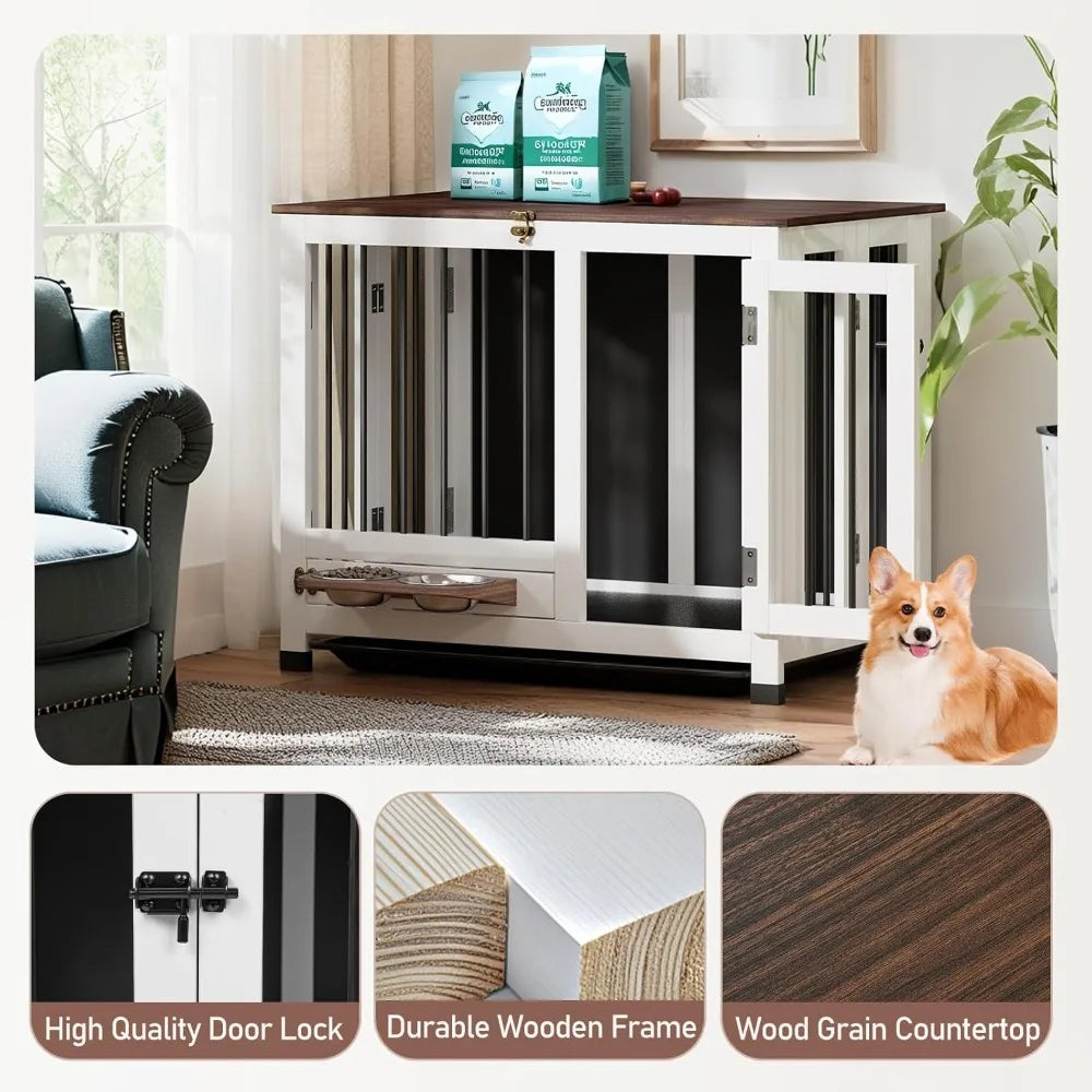 Dog Crate Wooden Dog Kennel Furniture with 360° Rotating Feeder & Removable | Multi-Functional End Table for Medium，Customized