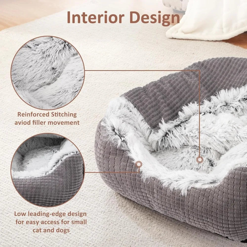 Hooded Cave Dog Bed | Orthopedic Rectangle Design | 35" | Machine Washable | Grey