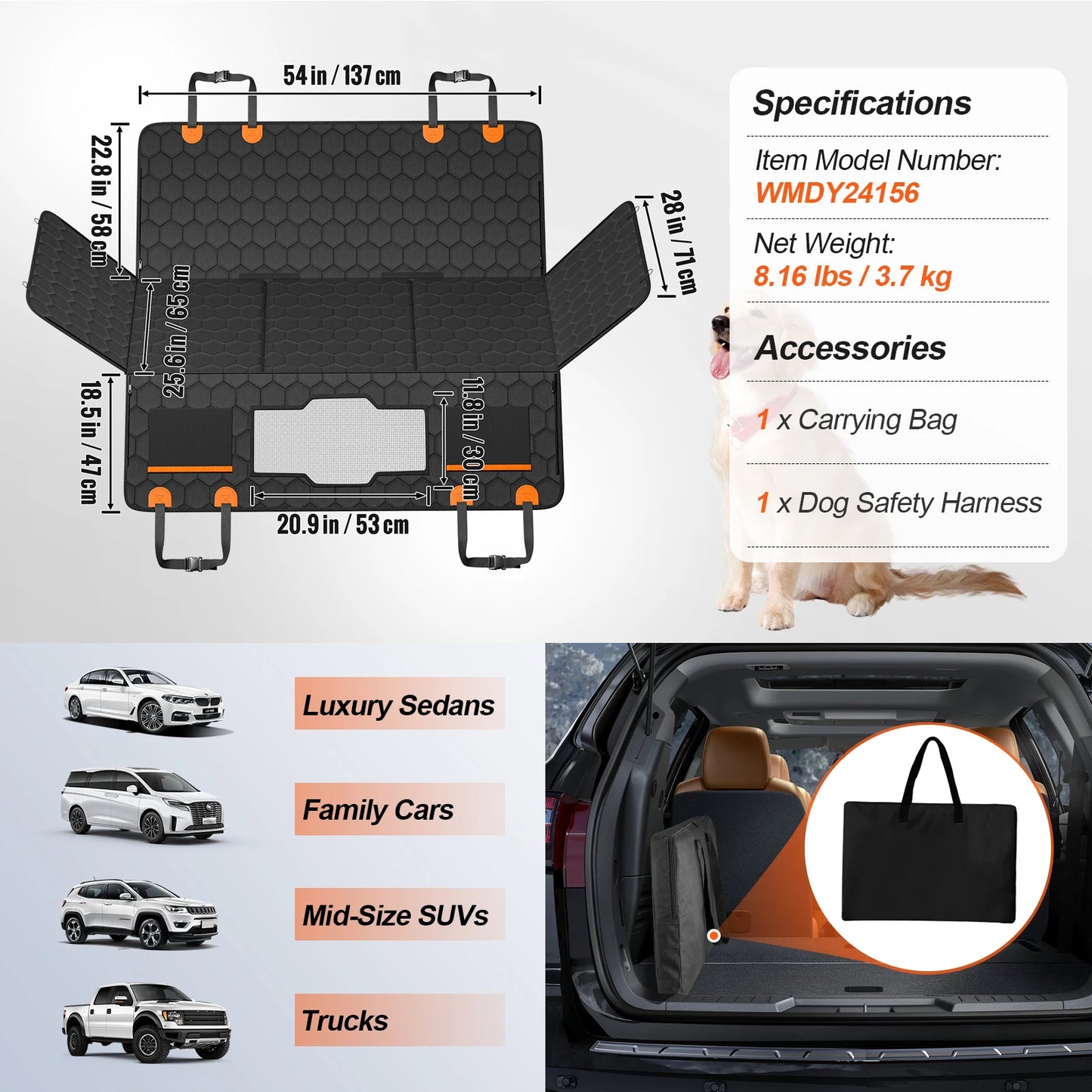 Back Seat Extender & Dog Car Seat Cover | Mesh Window, Storage Pocket, Supports 350 lbs