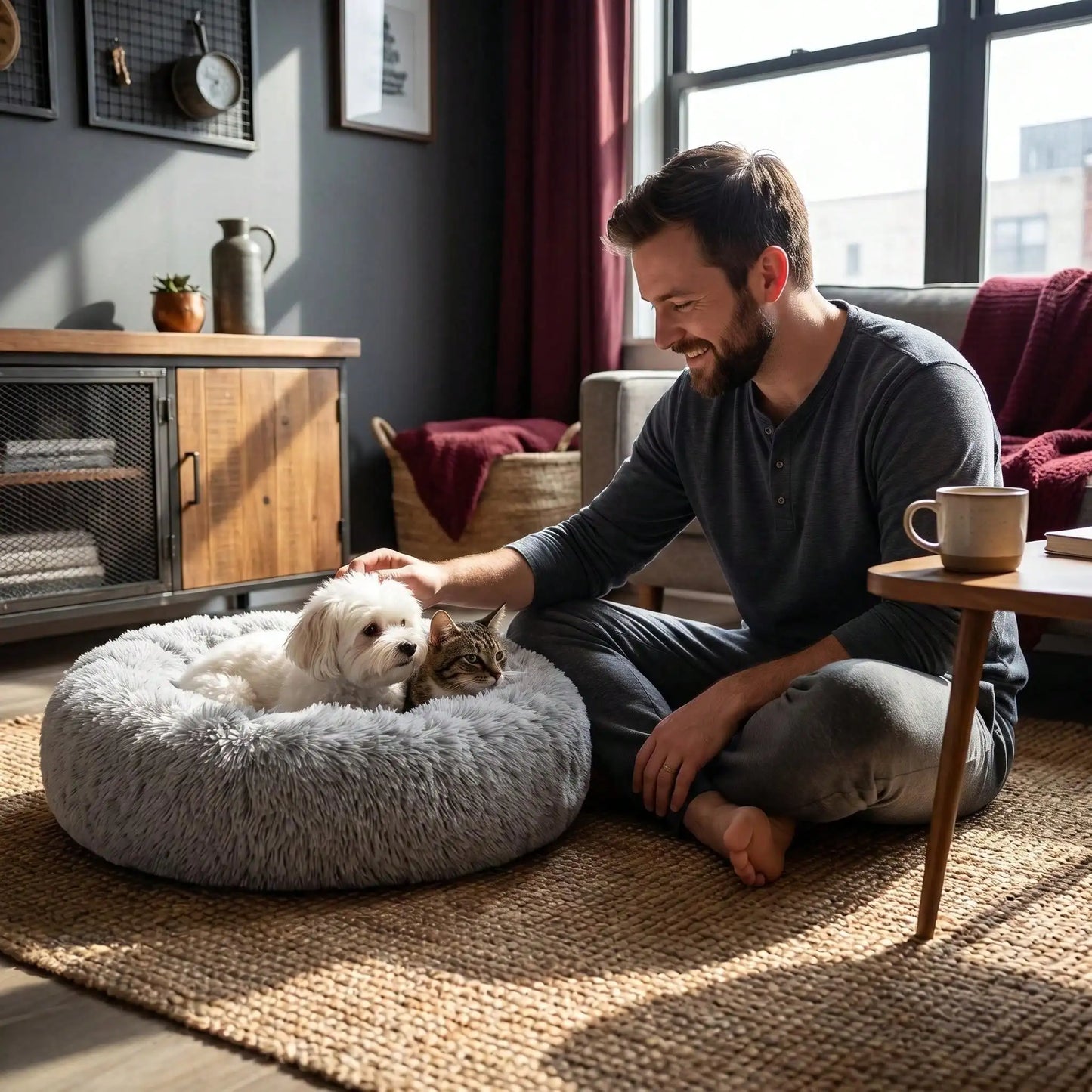 Calming Donut Dog Bed | Anti-Anxiety Round Cushion | Washable | 5 Sizes | Light Grey