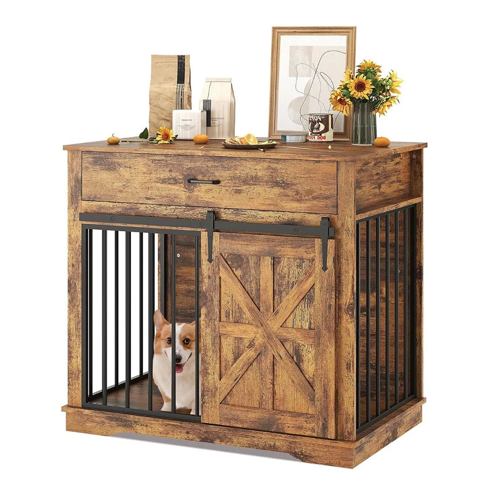 Farmhouse Dog Crate End Table — 37.8" with Sliding Barn Doors & Drawer | Grey, Brown, White