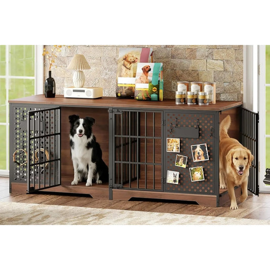 71" Double Dog Crate Furniture — Removable Divider, Pegboard & TV Stand | For 2 Dogs or Large Breeds