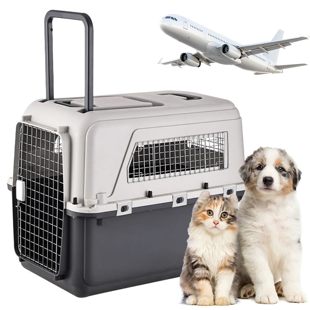 Large Dog Airline Carrier Crate | 33" Durable Plastic Travel Cage with Metal Door