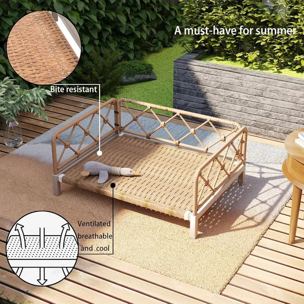 Indoor Wicker Rattan Dog Bed with Sofa & Cushion | Brown