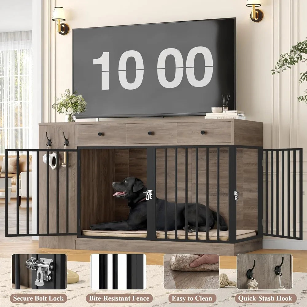 Dog Crate Furniture with Storage Drawers & Side Cabinet — Single/Double Indoor Kennel