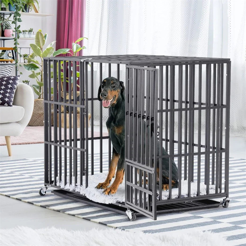Heavy Duty Metal Dog Crate 3 Doors with Locks, Kennel Playpen on 4 Lockable Wheels, Removable Tray