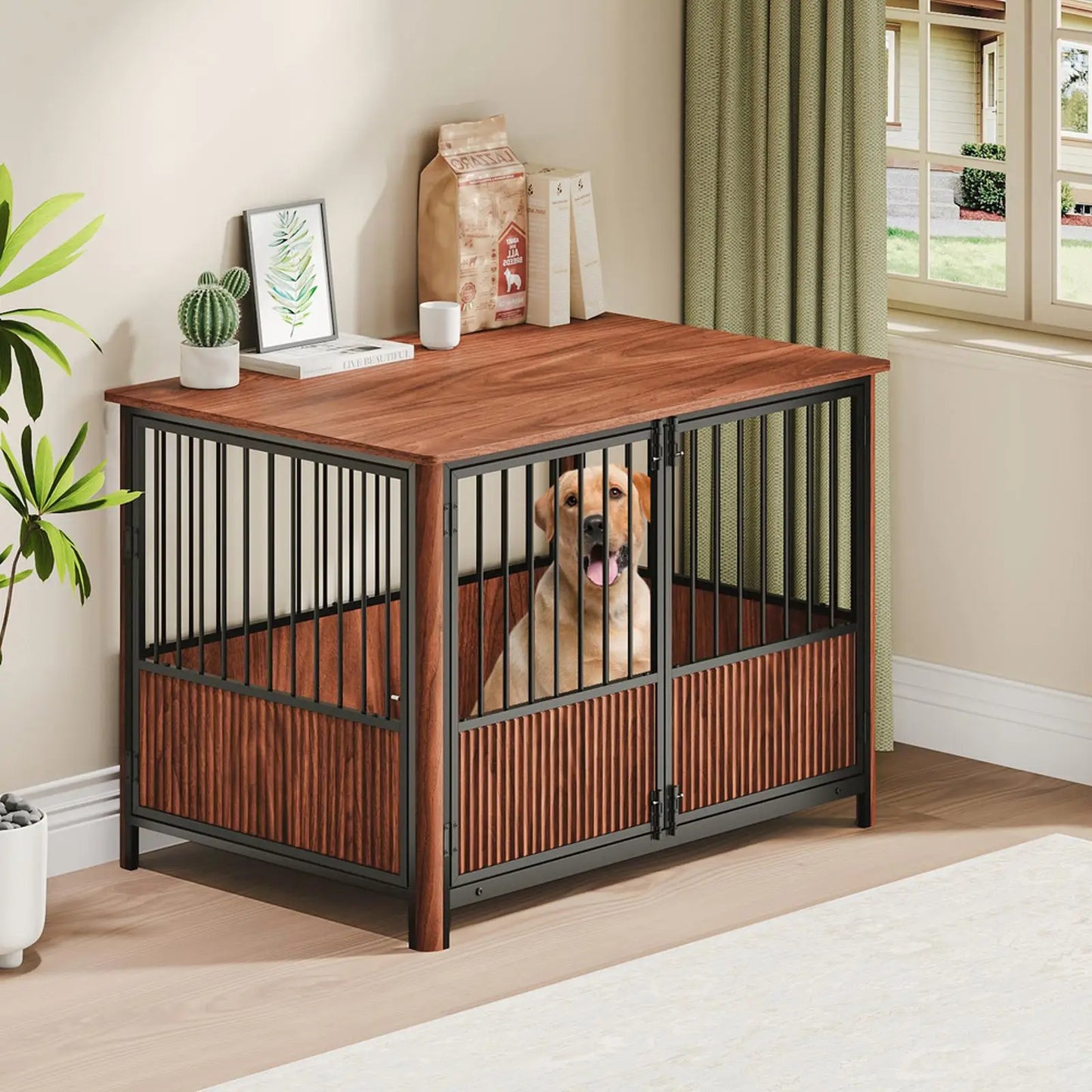 Walnut Furniture Dog Crate — 43" Indoor Kennel with Multi-Door Access & Storage Top