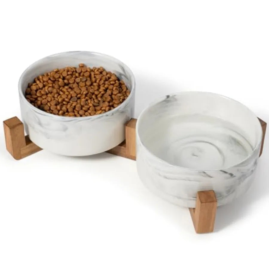 Marble Ceramic Dog Bowl Set with Wood Stand | 3.6-Cup | Food & Water | Medium Dogs