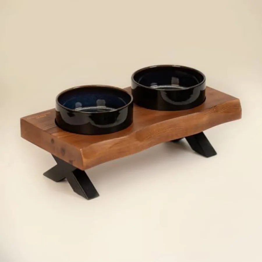 Raised Wooden Pet Feeding Station with Ceramic Bowls