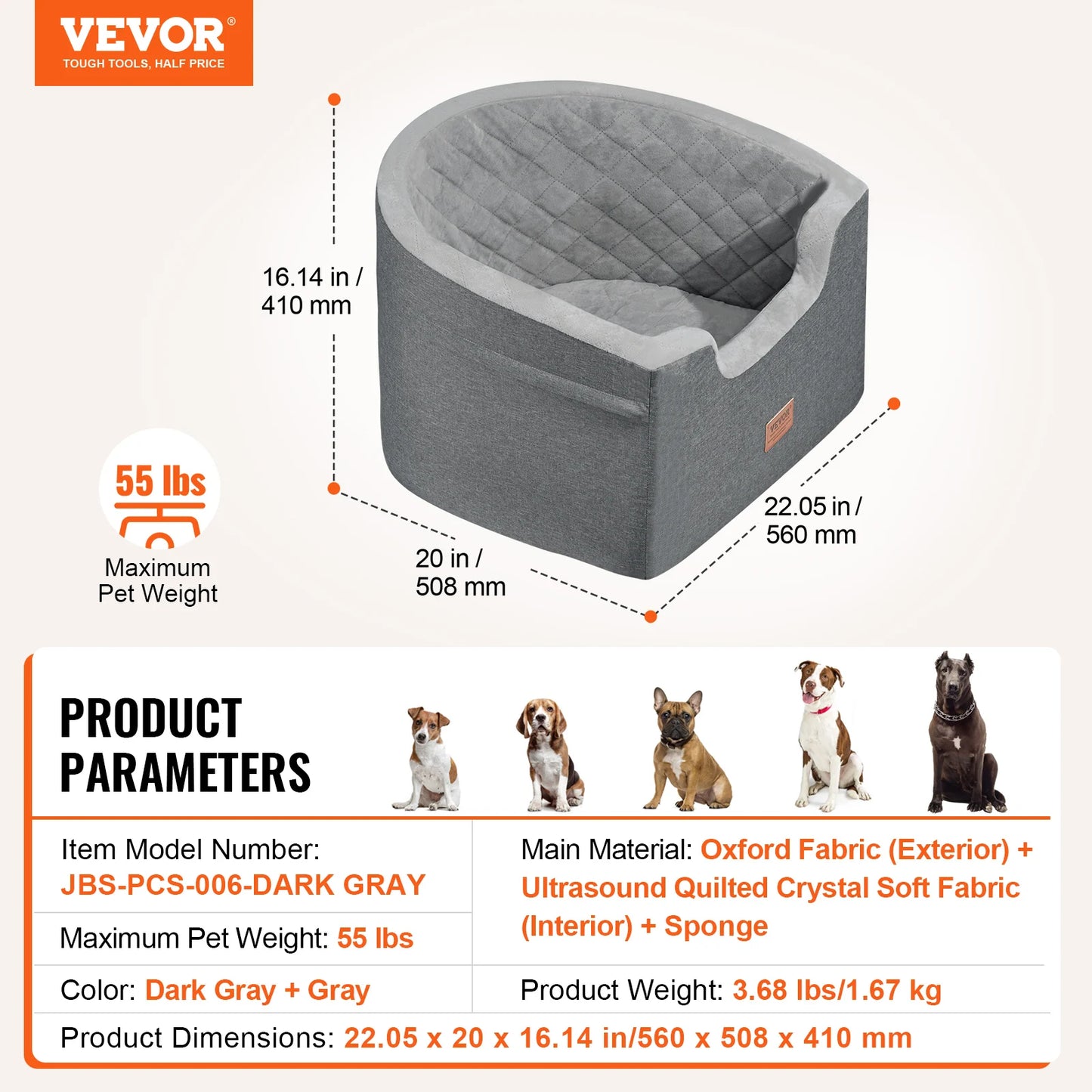 Dog Car Booster Seat | Sofa-Style | Waterproof | Clip-On Safety Leash | Up to 100lbs