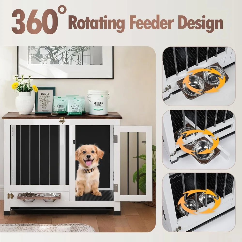 Dog Crate Wooden Dog Kennel Furniture with 360° Rotating Feeder & Removable | Multi-Functional End Table for Medium，Customized