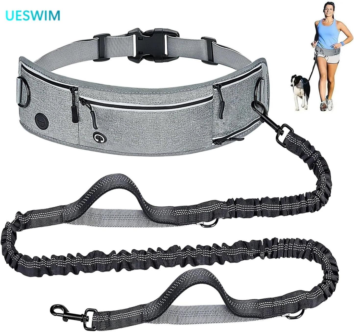 Hands-Free Waist Dog Leash | Running Leash with Zipper Pouch | Reflective | Dual Padded Handles