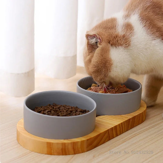 Ceramic Dog Bowl with Wooden Stand | Anti-Tip | Neck Protection | Stylish Pet Feeder