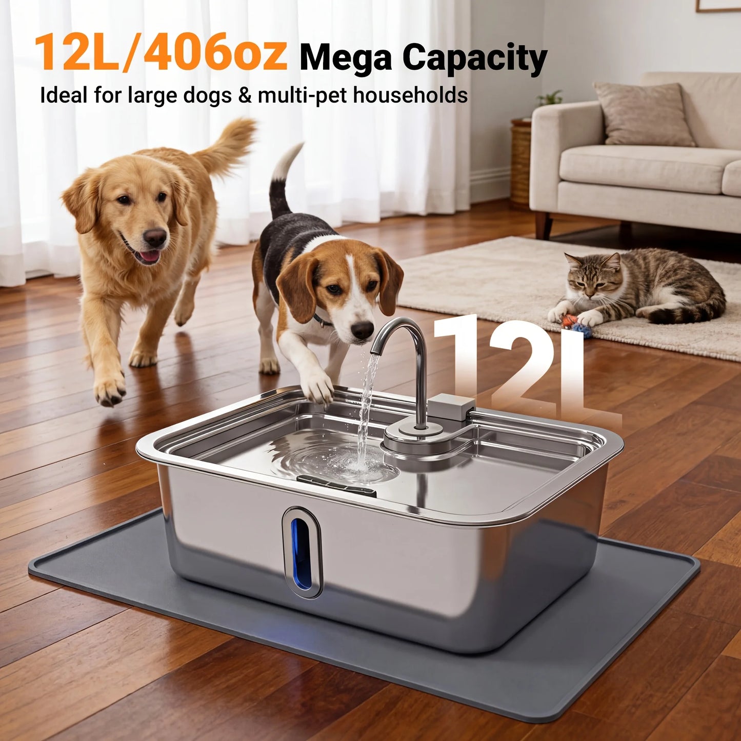 3.17gal/3.96gal/4.76gal Automatic Dog Water Fountain, Stainless Steel Pet Water Feeder, Wider Deeper Mouth, 5-Layer Filtration,