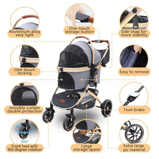 Pettingzoo 4-Wheel Dog Stroller | Removable Carrier | Small to Large Dogs & Cats up to 60 lbs