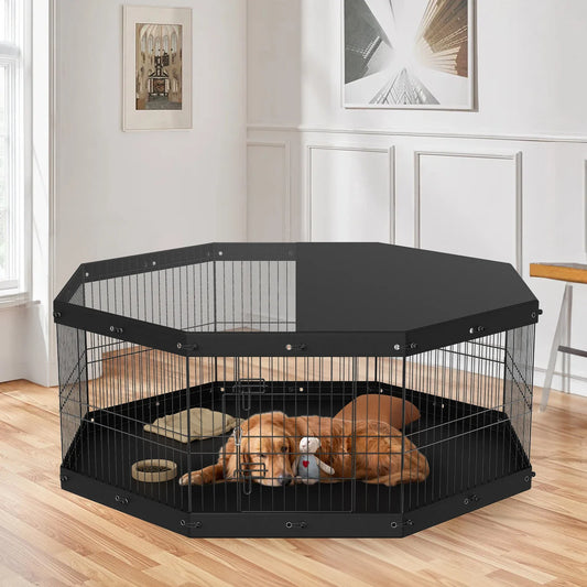 8-Panel Foldable Dog Playpen with Top Cover & Waterproof Bottom Pad — 24" H, Black