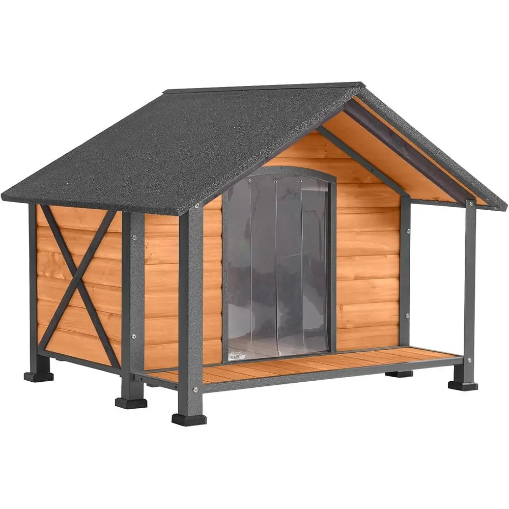 Wooden Dog House with Iron Frame & Front Porch