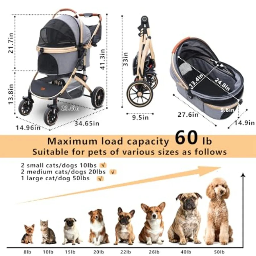 Pettingzoo 4-Wheel Dog Stroller | Removable Carrier | Small to Large Dogs & Cats up to 60 lbs
