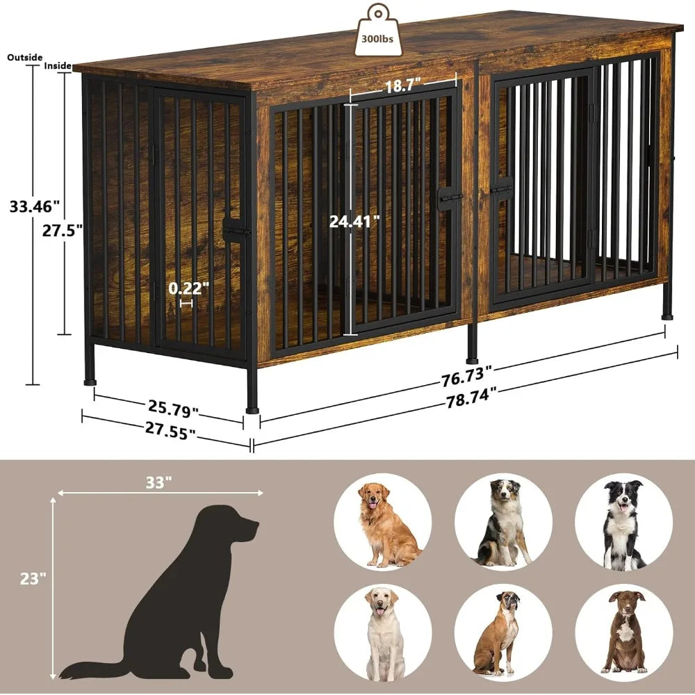 Heavy Duty Dog Crate Furniture — Double Kennel for Large Dogs, 78" Wide