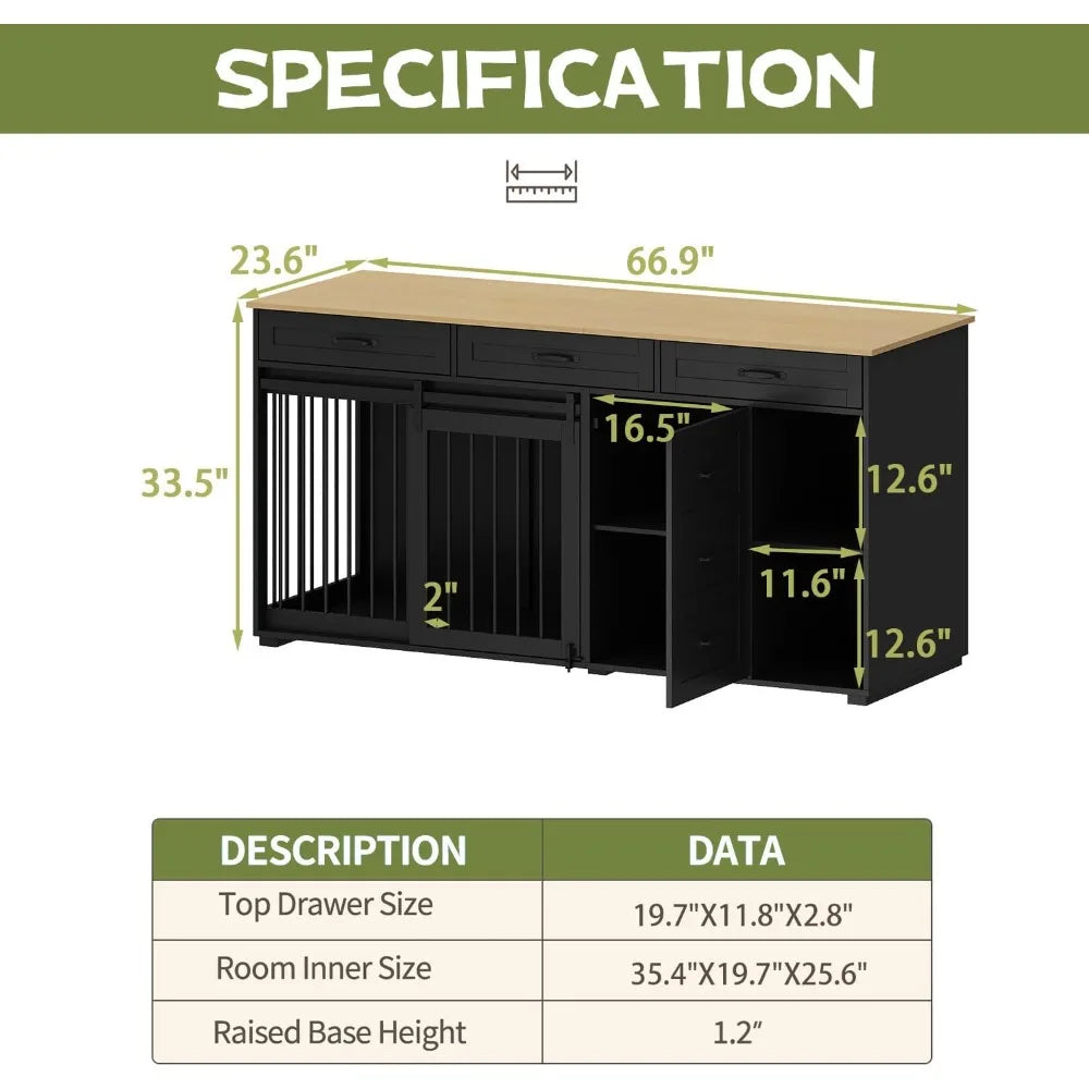 72.5" Dog Crate Furniture with TV Stand, Drawers & Shelves — Heavy Duty Indoor Kennel