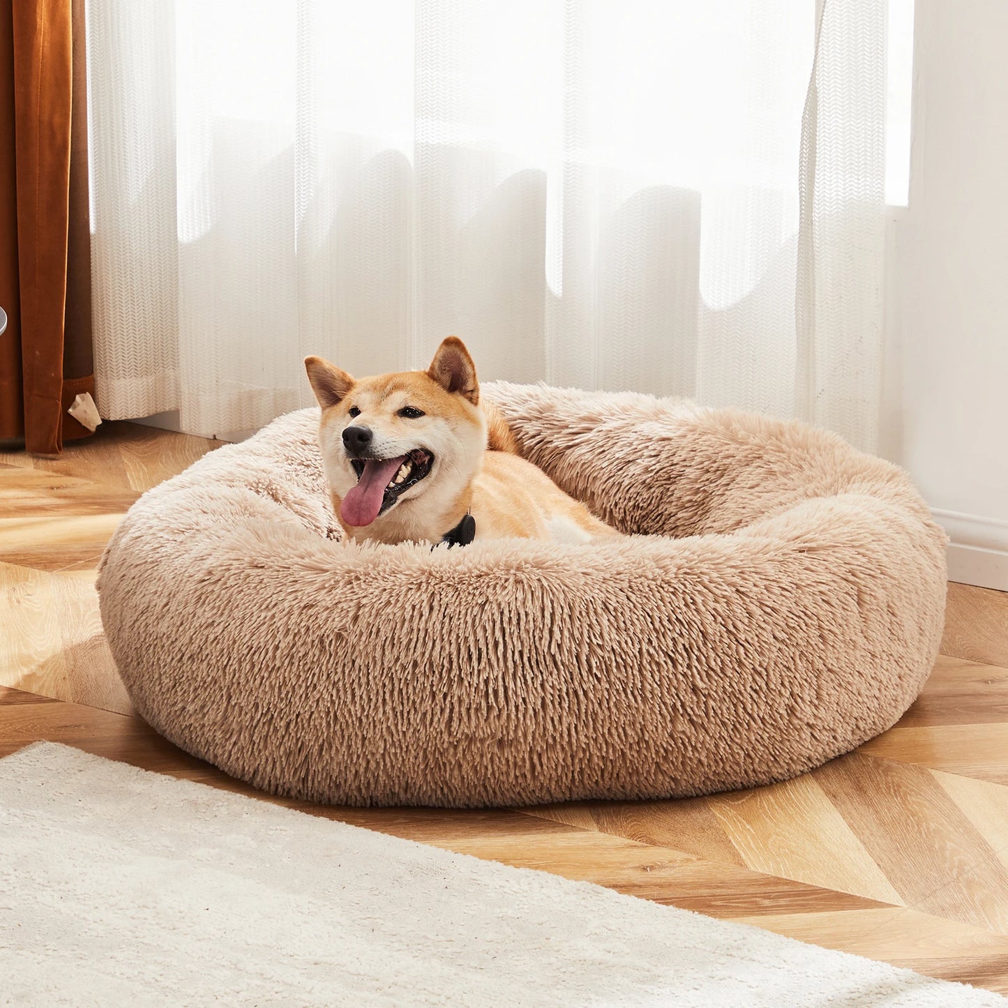 Calming Dog Bed | Round Fluffy Faux Fur | Anti-Slip | Washable | Medium to Large Dogs