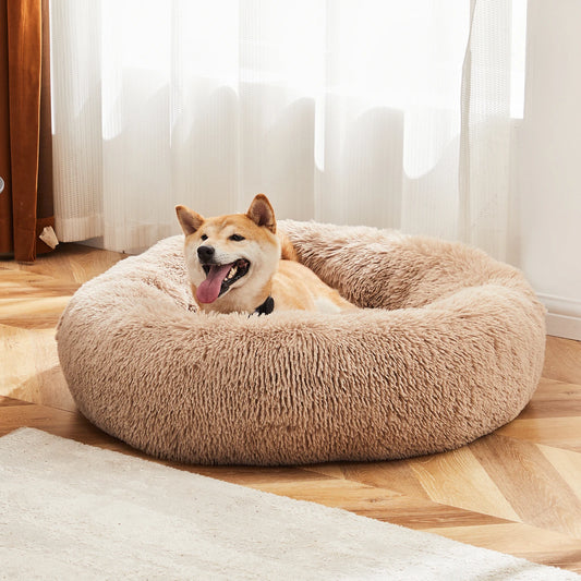 Calming Dog Bed | Round Fluffy Faux Fur | Anti-Slip | Washable | Medium to Large Dogs