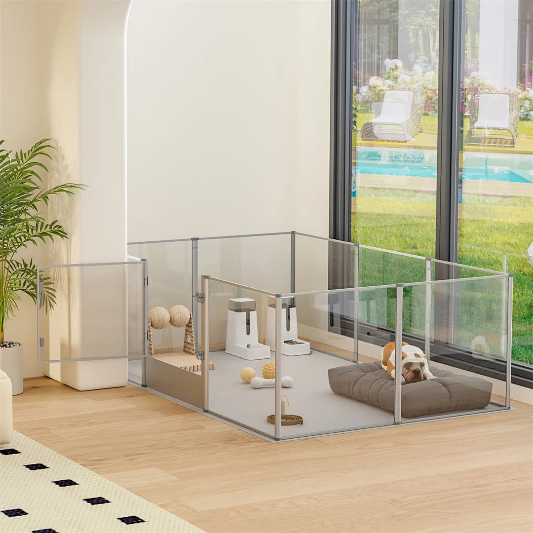 10-Panel XL Clear Acrylic Dog Playpen | 180x120x61cm | Waterproof Pad | Indoor | Up to 44lbs