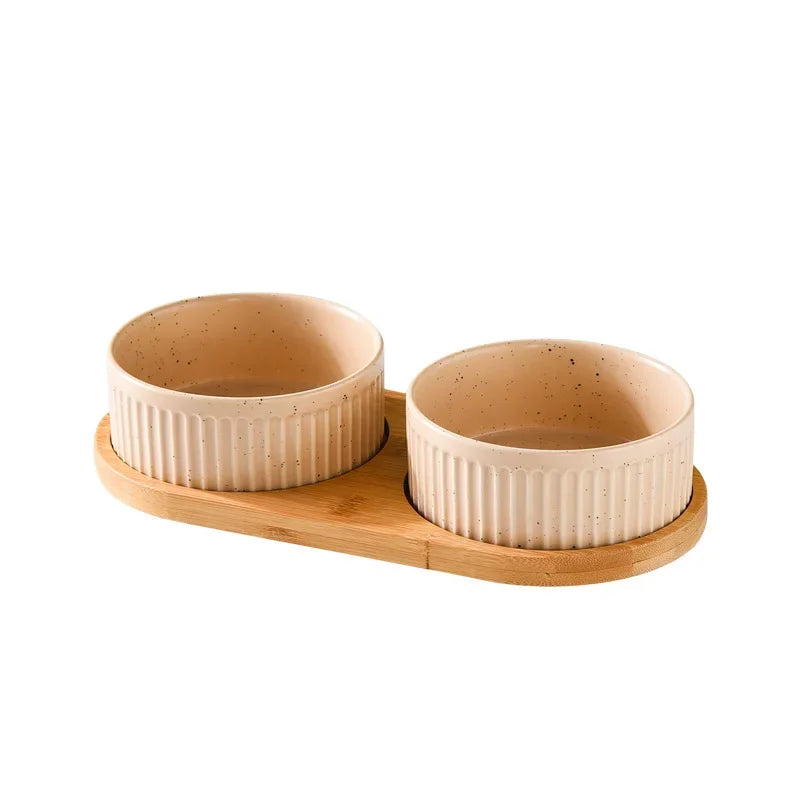 Nordic Ceramic Dog Bowl Set | Single, Double & Triple | Wooden Tray | 3 Colors | 400ml & 850ml