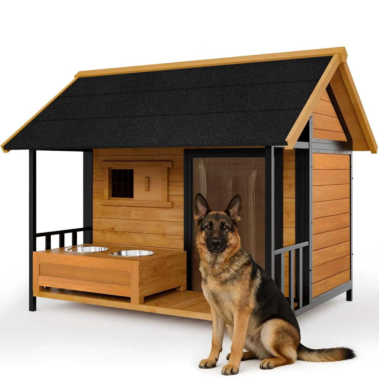 XL Outdoor Dog House with Feeding Station — Weatherproof Cedar Kennel with Openable Roof